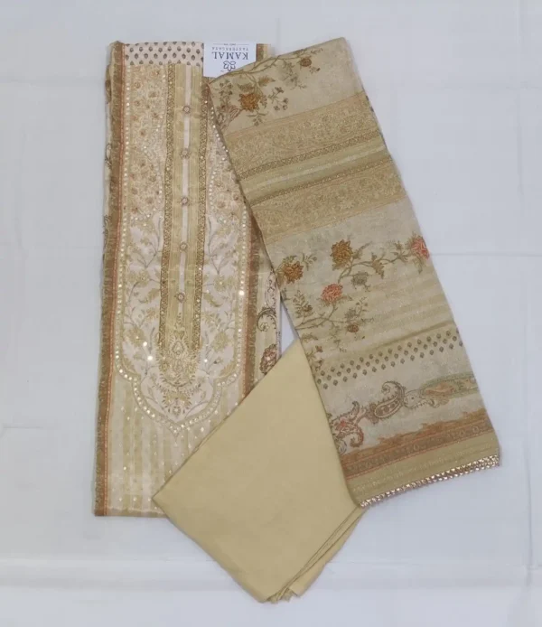 Semi Silk Salwar Material with Digital Prints, Chamki, Mirror, and Thread Work