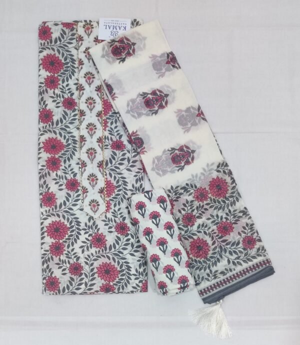 Floral Cotton Salwar Set with Golden Thread and Bead Work Neck Design