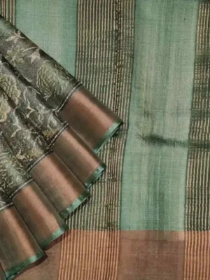 Pure Tussar Silk Saree with Floral Prints & Golden Tissue Border