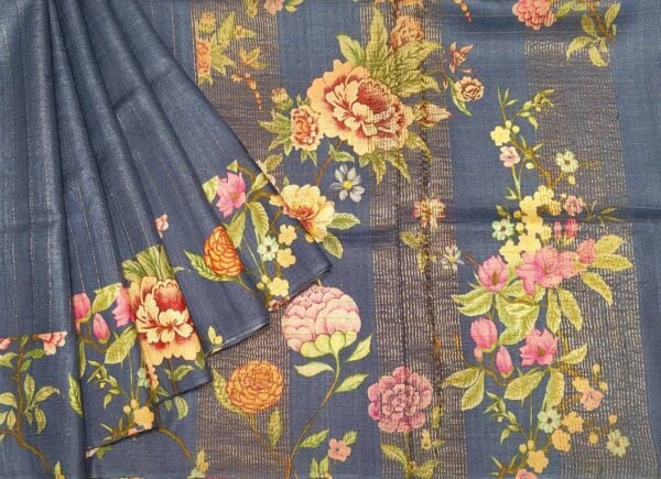 Pure Tussar Silk Saree in Pastel Blue with Zari Checks & Floral Prints