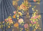 Pure Tussar Silk Saree in Pastel Blue with Zari Checks & Floral Prints