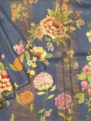 Pure Tussar Silk Saree in Pastel Blue with Zari Checks & Floral Prints