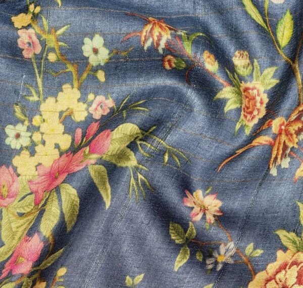 Pure Tussar Silk Saree in Pastel Blue with Zari Checks & Floral Prints