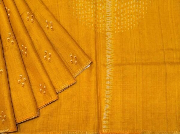 Pure Mustard Yellow Tussar Silk Saree with Threadwork Buttas