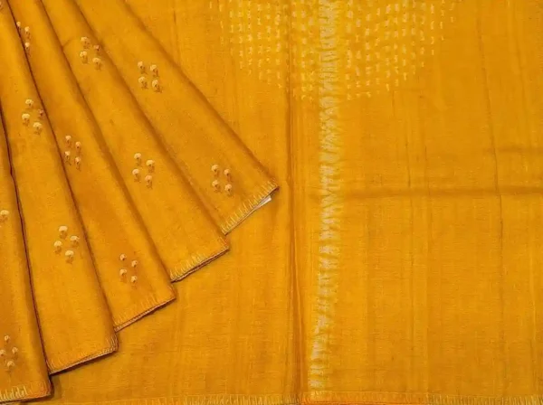 Pure Mustard Yellow Tussar Silk Saree with Threadwork Buttas
