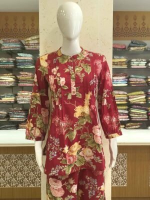 Red Cotton Floral Co-ord Set with Puff Sleeves & Palazzo Pants