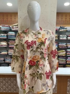 White Cotton Co-ord Sets with Floral Prints & Puff Sleeves