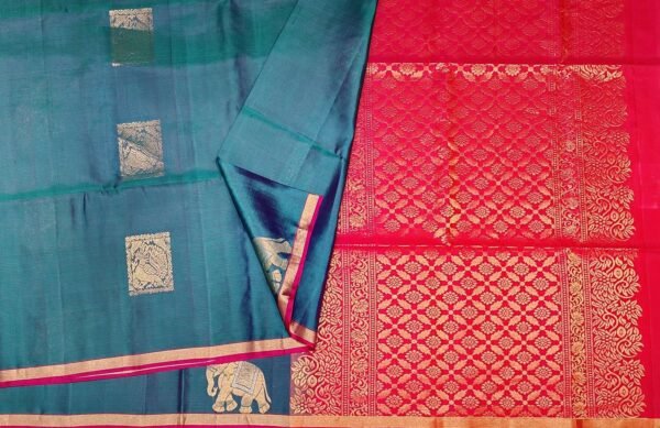 Soft Silk Saree In Peacock Blue Dual Shade With Elephant Motifs