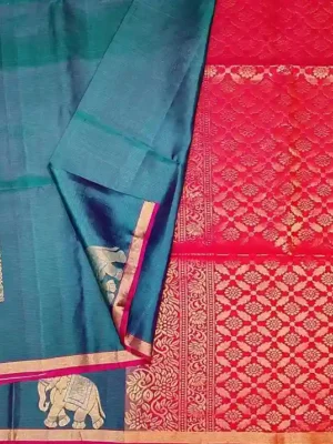 Peacock Blue Dual Shade Soft SilkSaree with Zari Motifs CloseUp