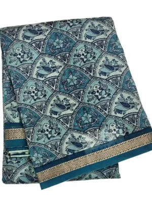 Pure Teal Blue Chanderi Cotton Saree In CloseUp