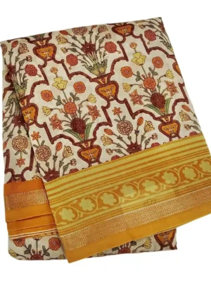 Pure Ivory Chanderi Cotton Saree In printed Motifs CloseUp