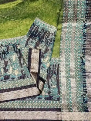 Pure Moss Green Chanderi Cotton Saree In CloseUp