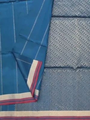 Peacock Blue Handloom Soft Silk Saree In CloseUp