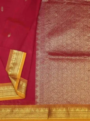 Dark rani pink Kanchi Chettinad cotton saree In CloseUp