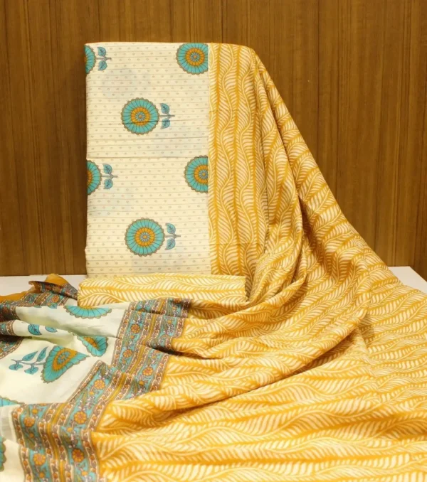 Cream Mustard Cotton Salwar Material with Handblock Prints