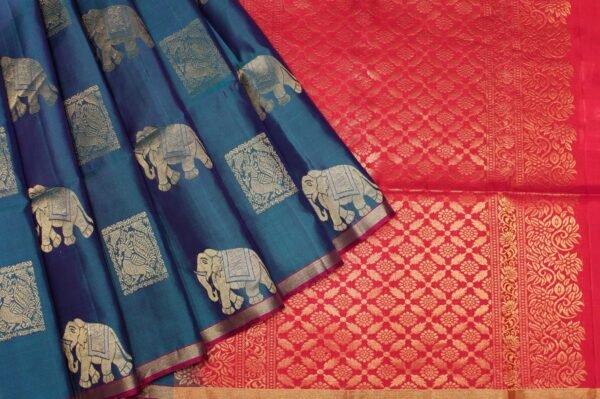 Soft Silk Saree In Peacock Blue Dual Shade With Elephant Motifs