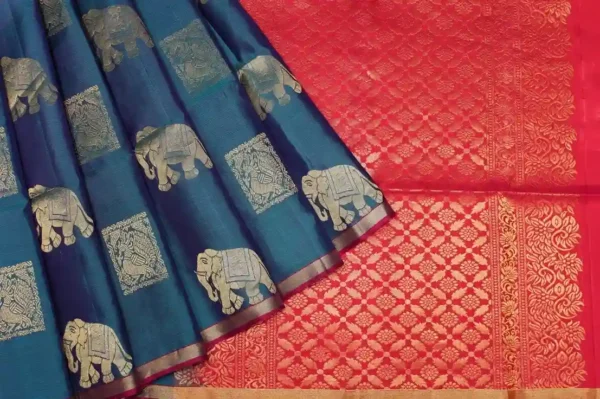 Soft Silk Saree In Peacock Blue Dual Shade With Elephant Motifs