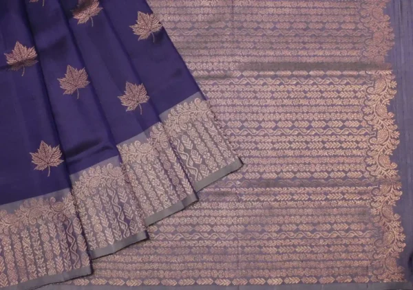 Navy Blue Soft Silk Saree Maple Leaf Zari