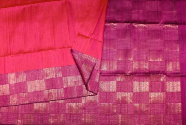 Pink Jute Silk Saree Zari Checks