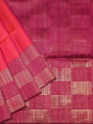 Pink Jute Silk Saree Zari Checks