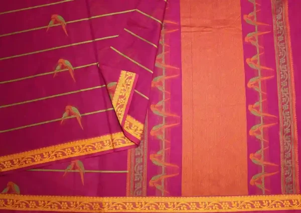 Rani Pink Kovai Cotton Saree with Parrot Motifs
