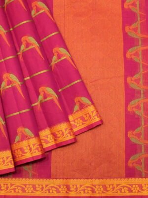 Rani Pink Kovai Cotton Saree with Parrot Motifs