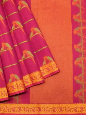 Rani Pink Kovai Cotton Saree with Parrot Motifs
