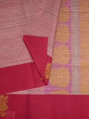 Pink Checks Kovai Cotton Saree Peacock Motifs In CloseUp