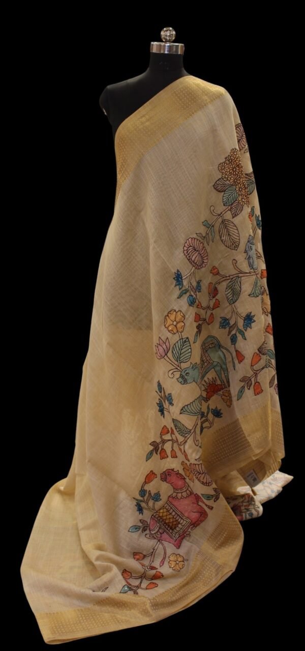 Tissue Linen Saree In Cream Beige