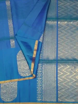 Signature Peacock Blue Handloom Pure Soft Silk Saree In CloseUp