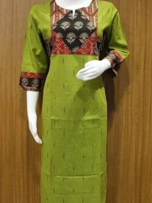 Leaf Green Kurti In Patch Work Design With Ikkat Cotton