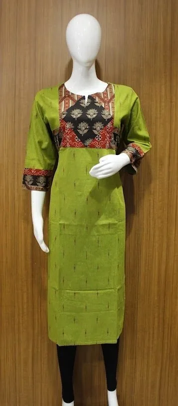 Leaf Green Kurti In Patch Work Design With Ikkat Cotton