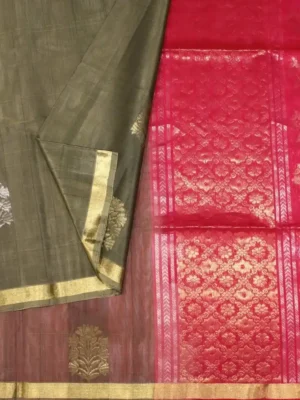 Khaki Green Handloom Pure Silk Cotton Saree In Blouse
