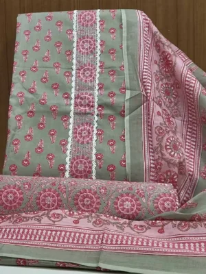 Light Gray & Pink Cotton Salwar Material with Floral Prints