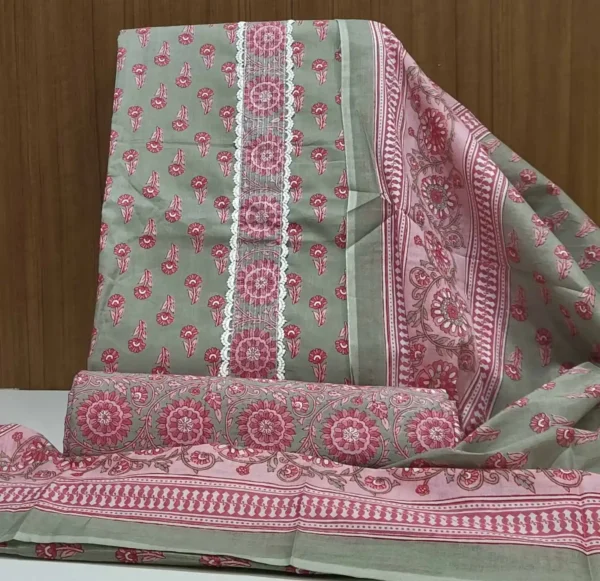 Light Gray & Pink Cotton Salwar Material with Floral Prints