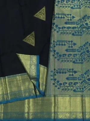 Dark Blue Soft Silk Saree handloom crafted with smooth texture and elegant drape In Close Up