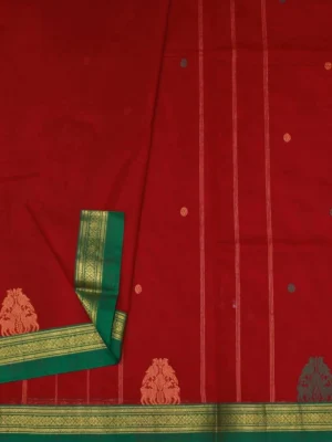 Dark Red Kanchi Chettinad Cotton Saree Green Border In Closeup