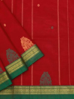 Dark Red Kanchi Chettinad Cotton Saree Green Border