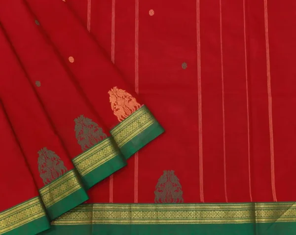 Dark Red Kanchi Chettinad Cotton Saree Green Border