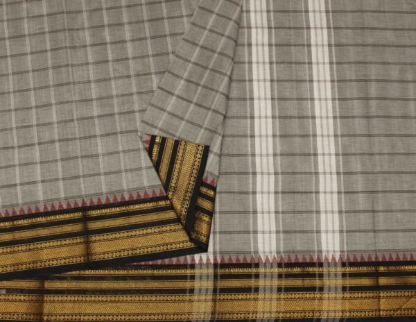 Grey White Checkered Chettinad Cotton Saree