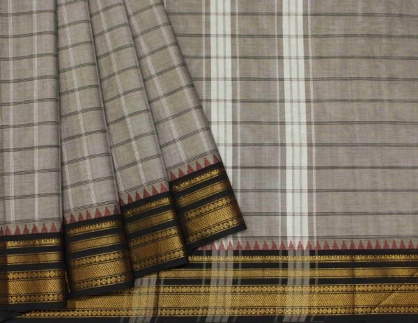 Grey White Checkered Chettinad Cotton Saree