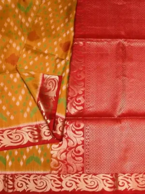 Mustard Soft Silk Saree Pochampally Designs In CloseUp