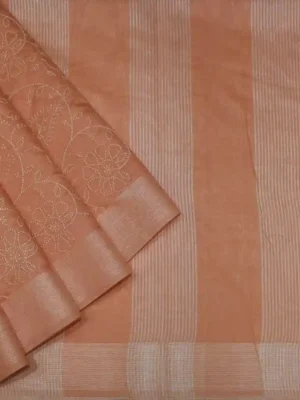 Peach Orange Semi Chanderi Saree In CloseUp
