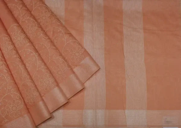 Peach Orange Semi Chanderi Saree with Thread Embroidery