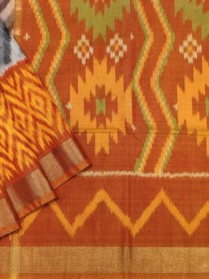 Gray White Pochampally Silk Cotton Saree with Orange Ikat Pallu