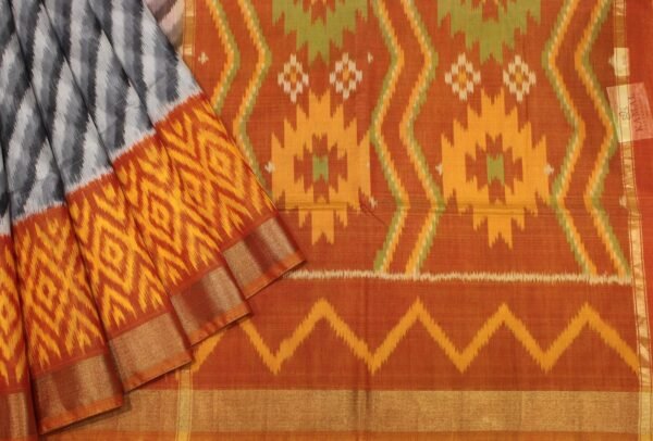 Gray White Pochampally Silk Cotton Saree with Orange Ikat Pallu
