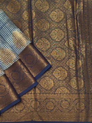 Slate Blue Chanderi Cotton Saree with Checks & Zari Buttas