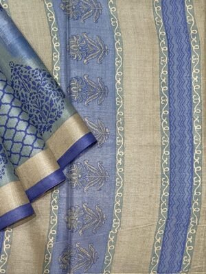 Pure Tussar Silk Saree in Blue with All-Over Prints