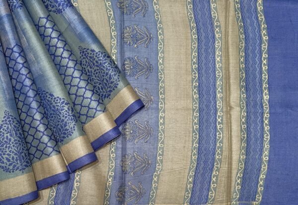 Pure Tussar Silk Saree in Blue with All-Over Prints