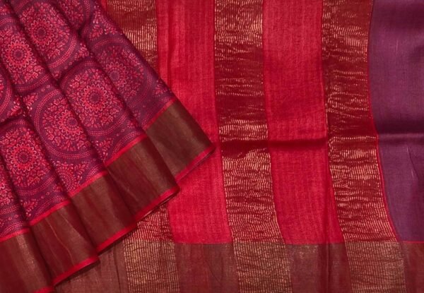 Pure Tussar Silk Saree in Wine Red with Golden Zari Border